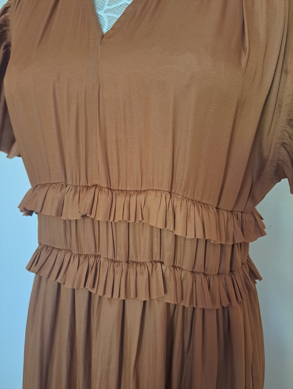 Willa Ruffle V-Neck Maxi Dress in Camel. - Picture 10 of 13